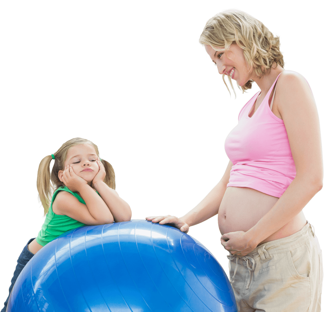 Pregnant Mother and Daughter Bonding with Exercise Ball Transparent Design