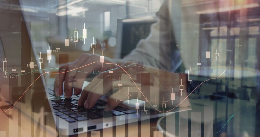 Man Analyzing Stock Market on Laptop with Data Graph Overlay