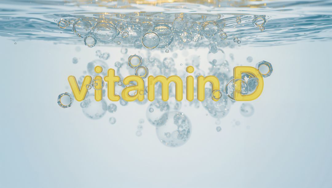 Floating yellow 3D Vitamin D text shimmering underwater with rising bubbles and glossy reflections