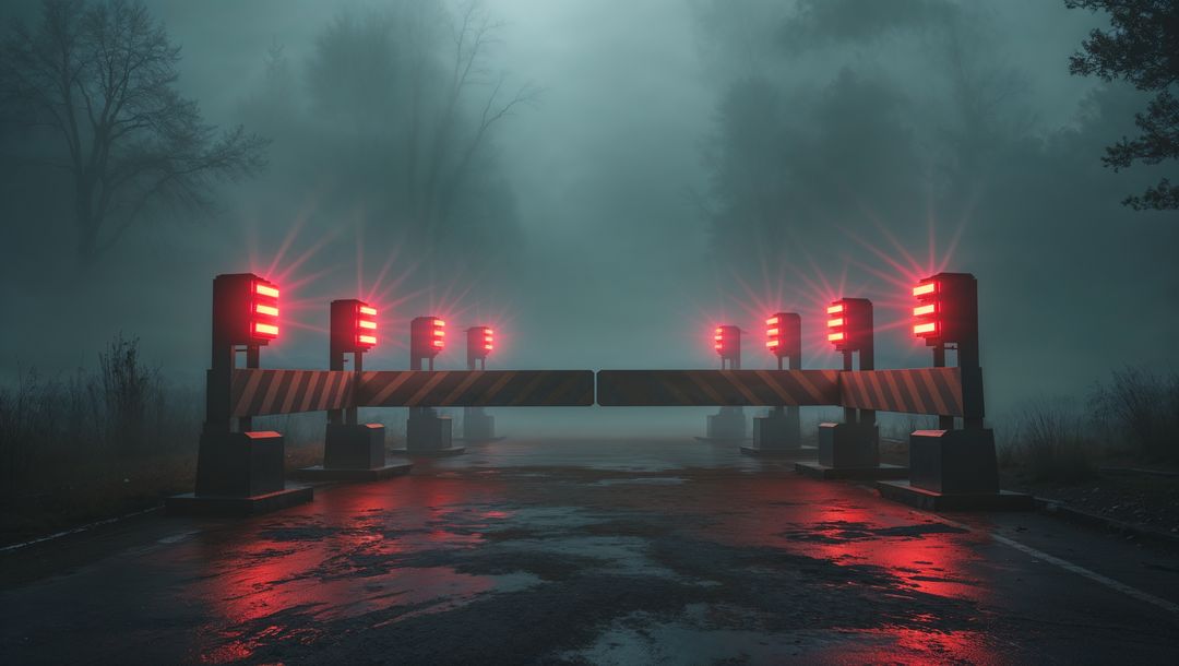 Foggy night road with red alert illuminated warning barricade