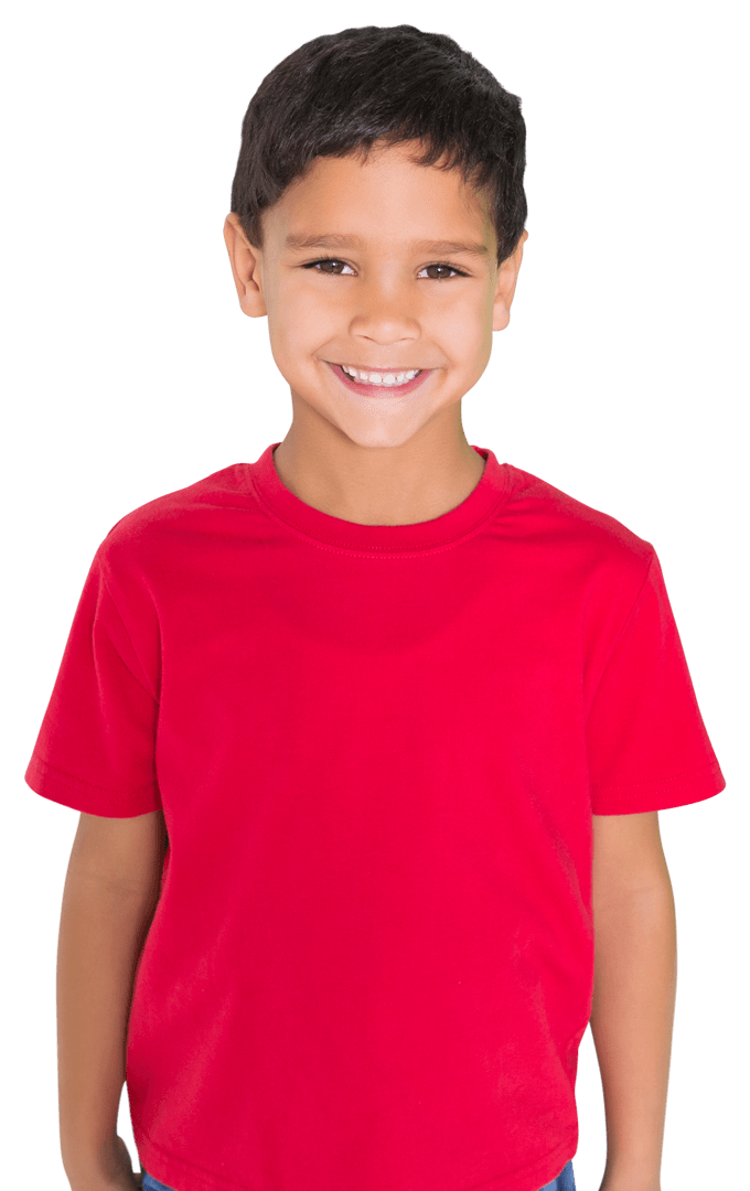 Smiling Biracial Schoolboy in Red Shirt on Transparent Background