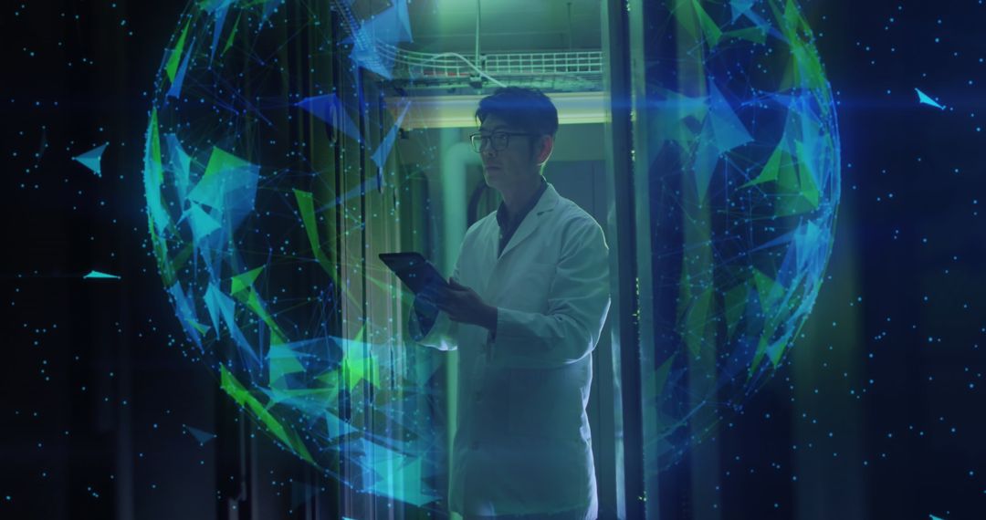 Asian Male Worker Analyzing Data in Server Room with Digital Globe Overlay