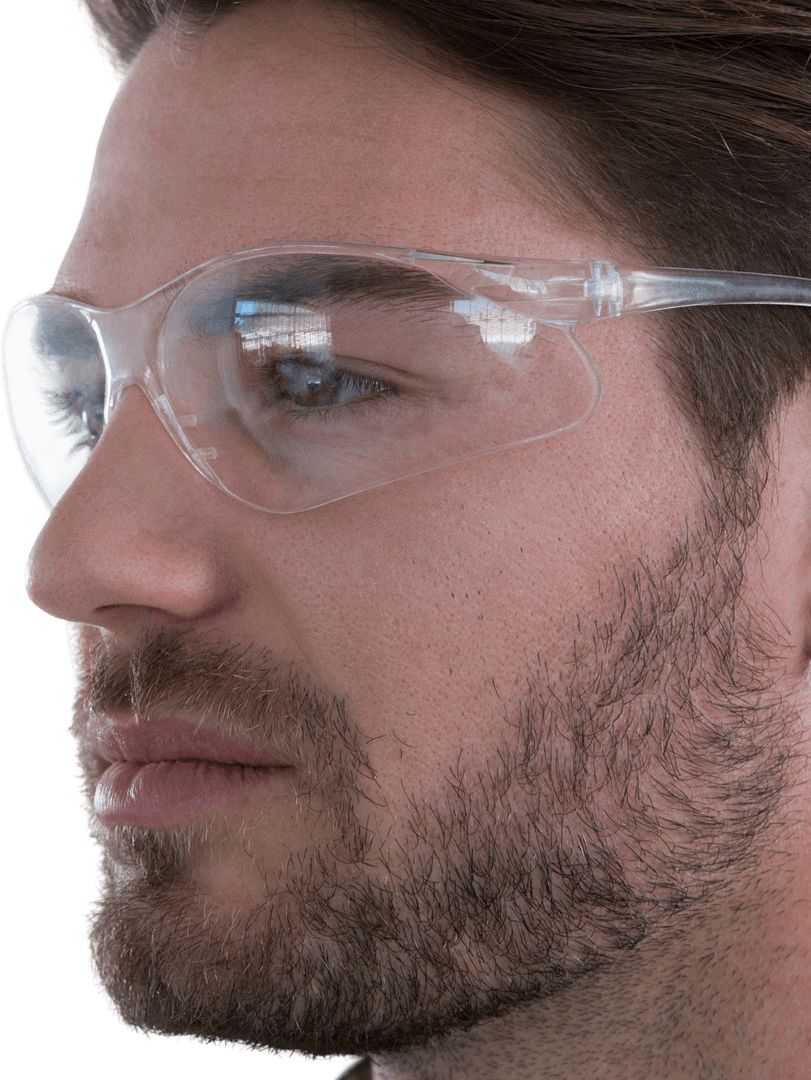Close-up of Man Wearing Transparent Safety Glasses for Eye Protection