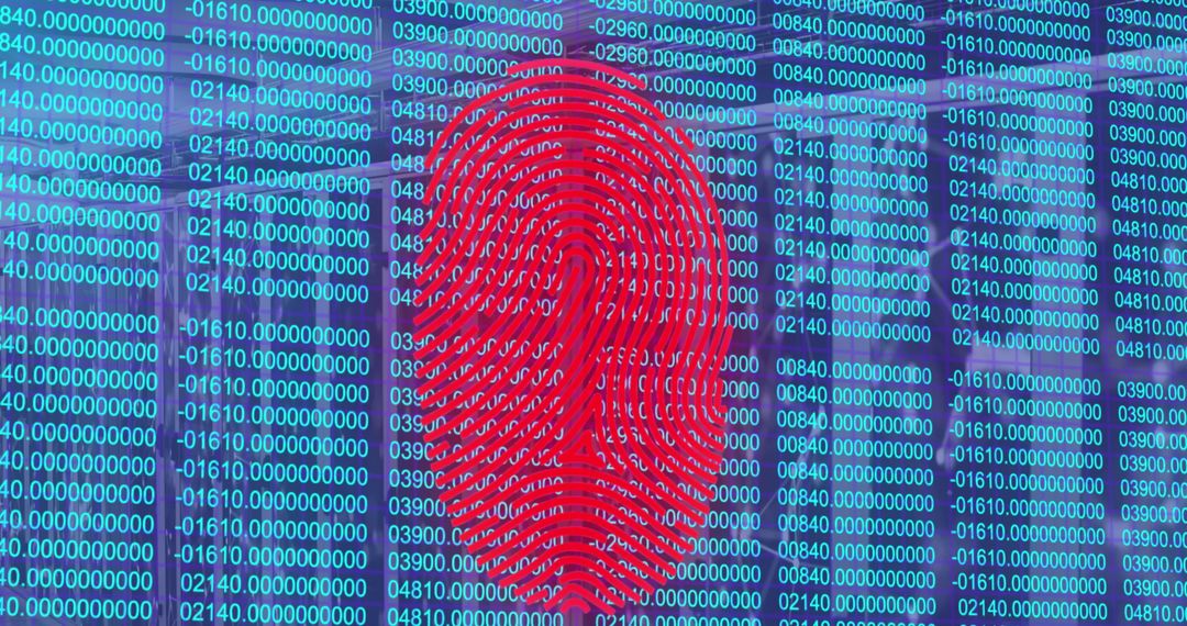 Red Fingerprint on Blue Digital Data Background