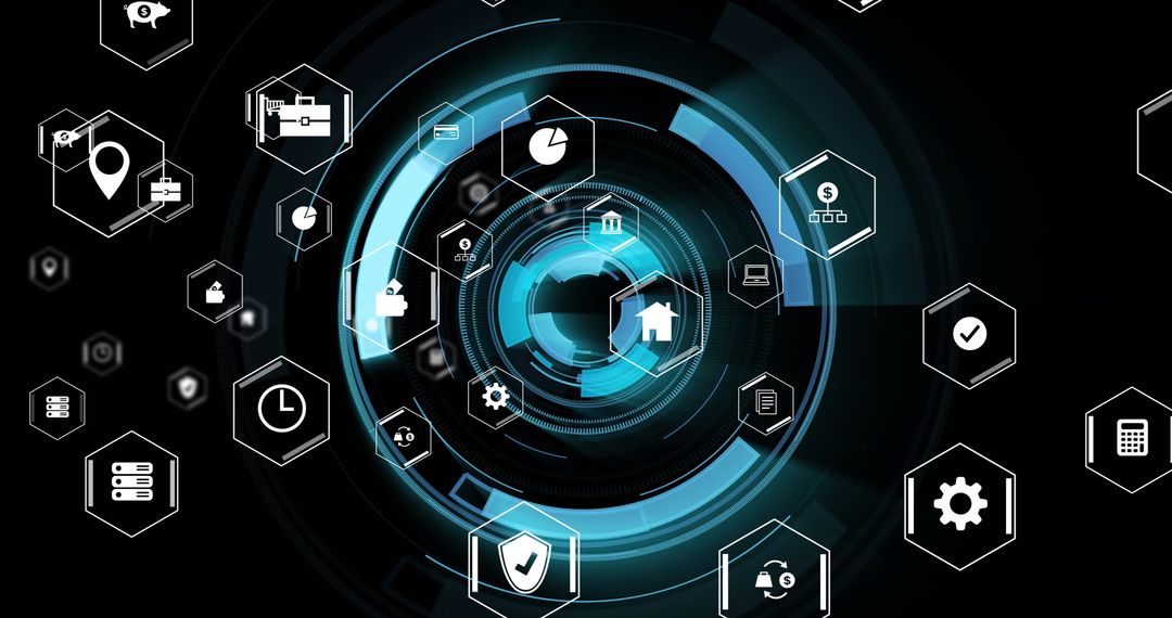 Futuristic Digital Data Processing Interface with Icons