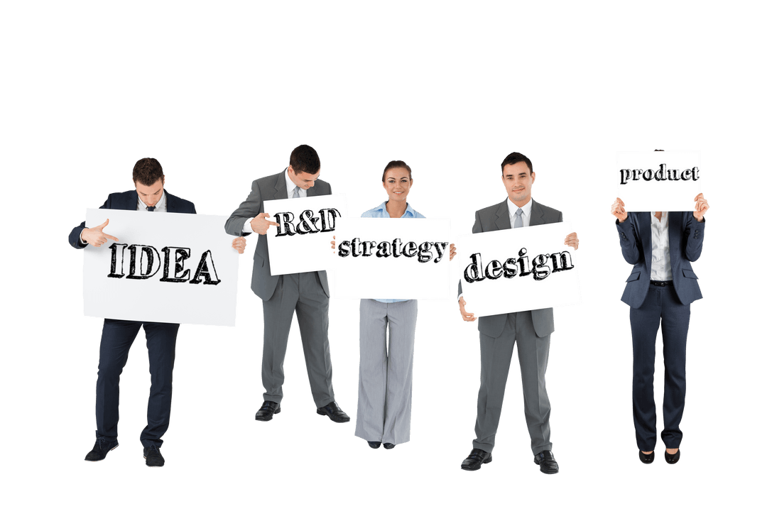 Diverse Business Team Holding Text Boards on Transparent Background