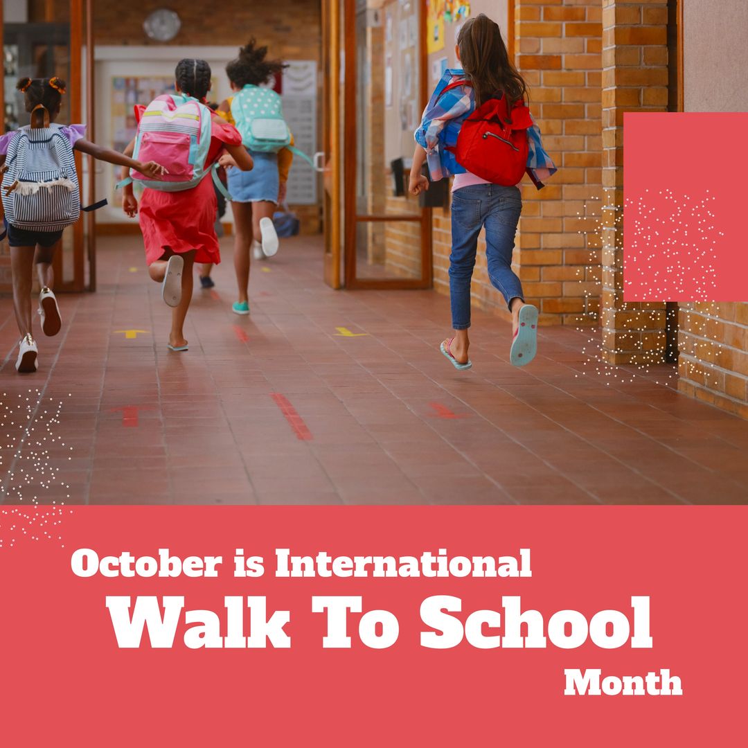 Multiracial Girls with Backpacks Running in School Hallway for Walk to School Month - Download Free Stock Templates Pikwizard.com