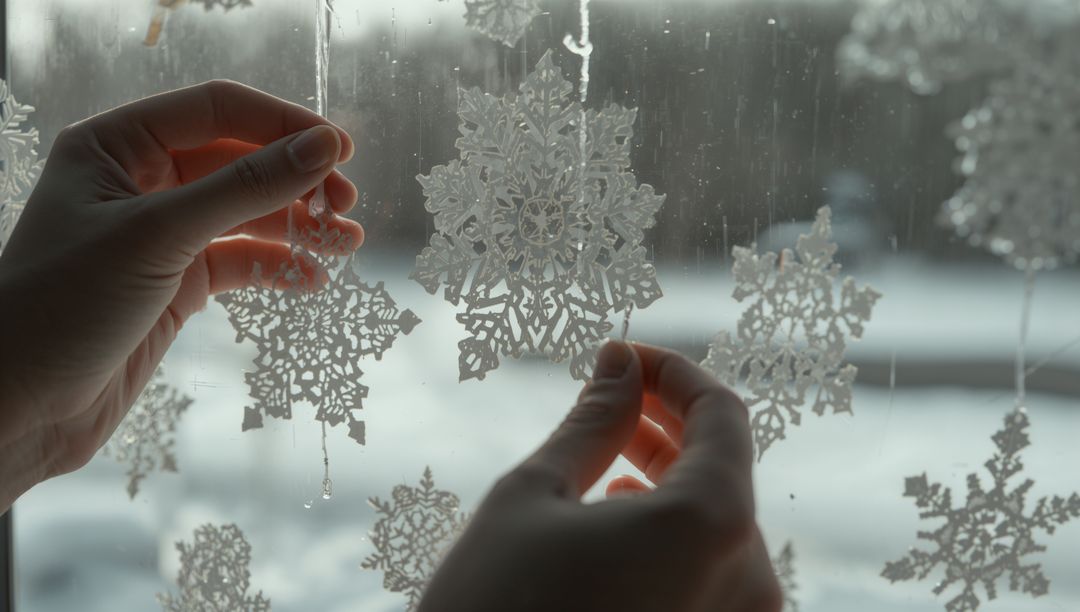 Placing Snowflake Ornaments on Window in Winter Setting