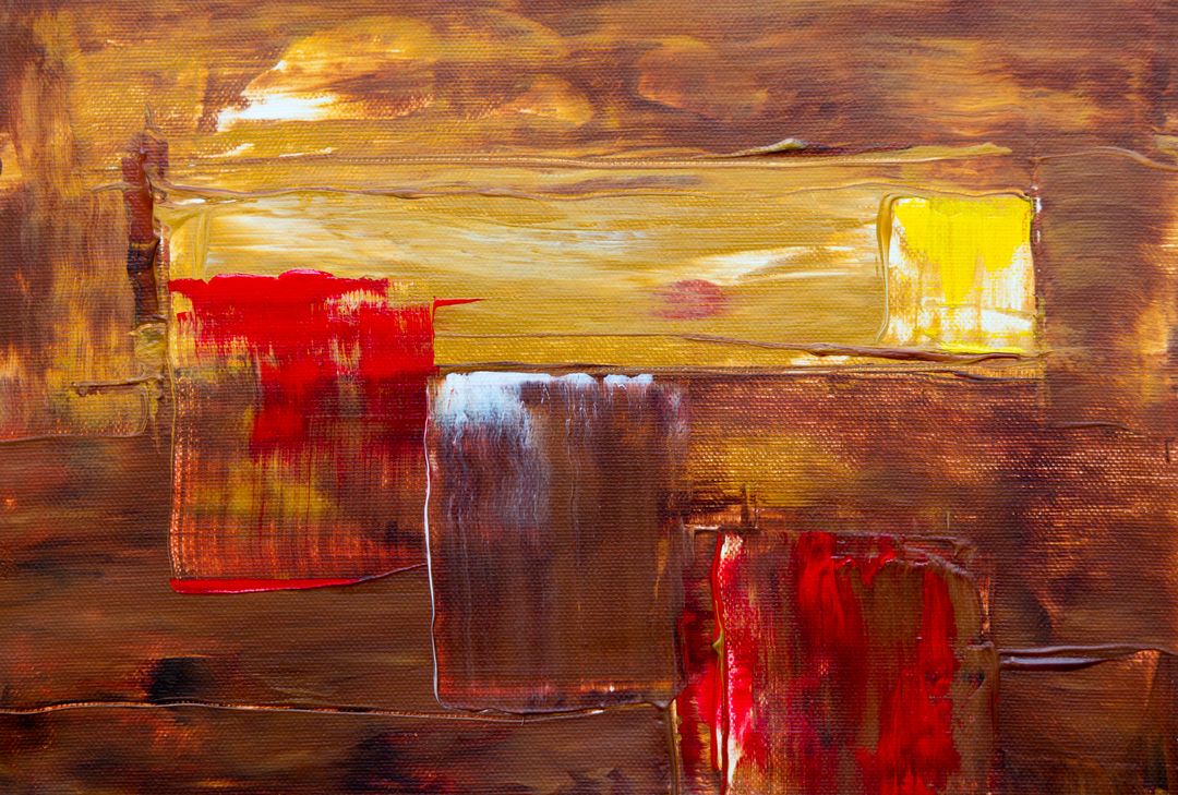 Abstract expressionist painting showing warm earthy blocks of red, yellow and bronze