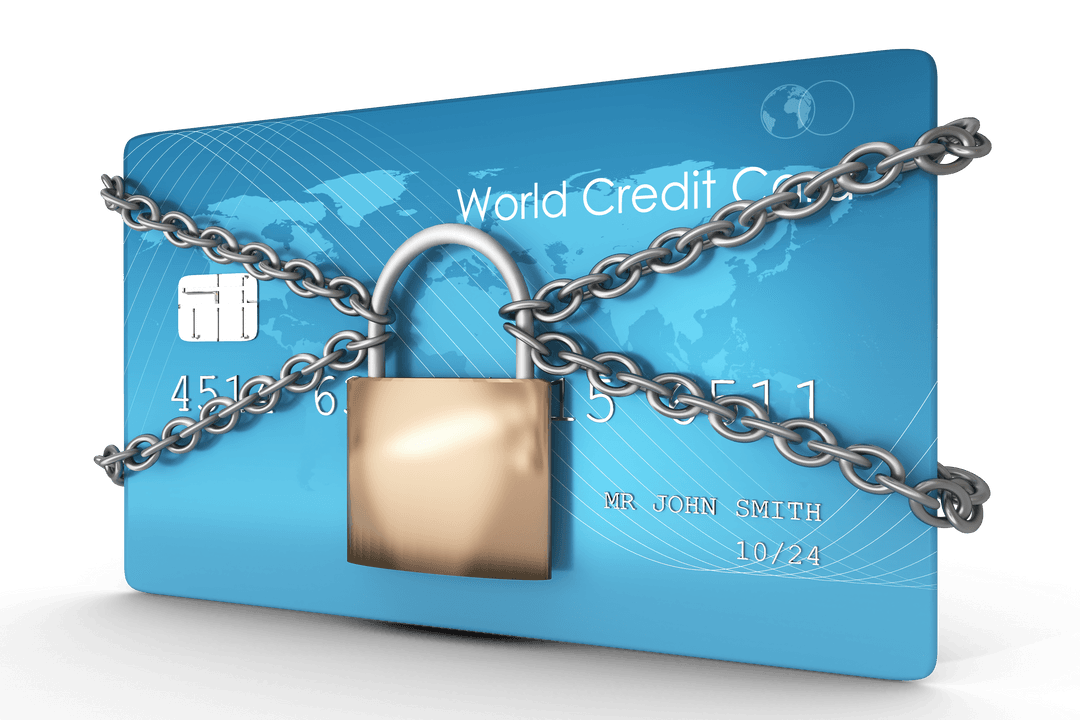 Secure Blue Credit Card with Lock on Transparent Background