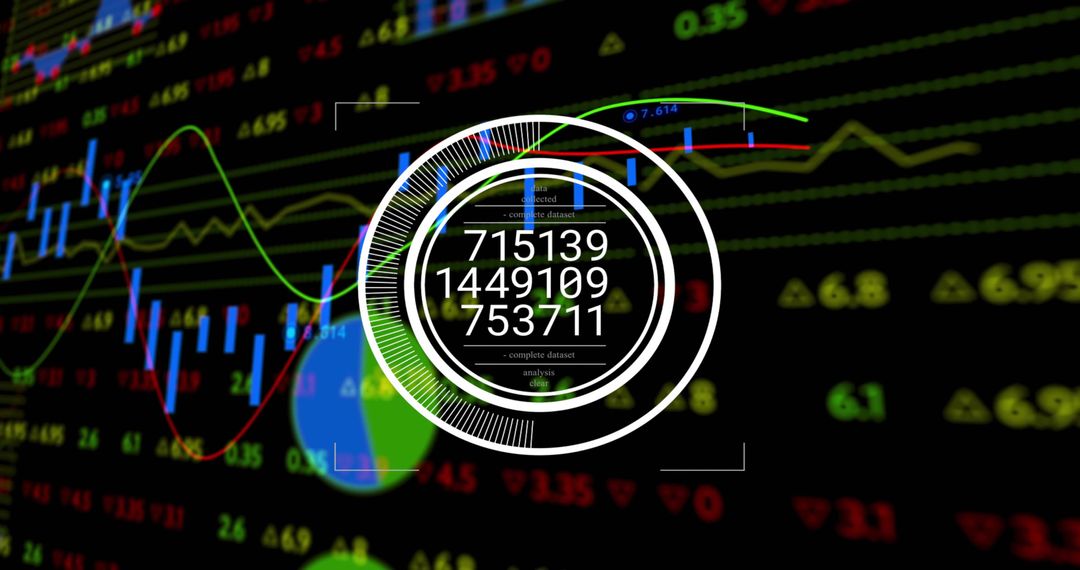 Concentric HUD displaying stacked numeric dataset over dark stock market dashboard