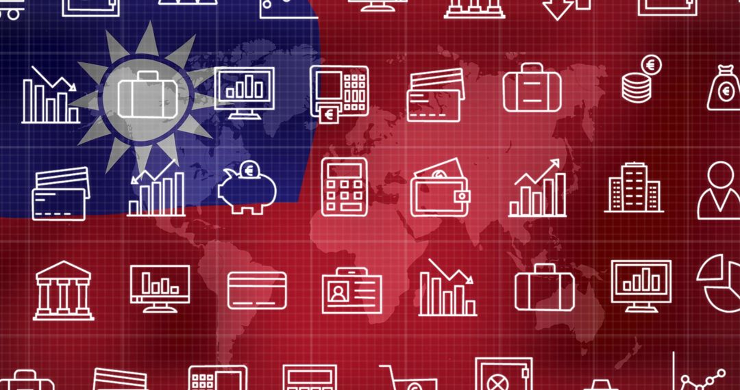 Global Financial Icons Overlay on Taiwan Flag and World Map - Free Images, Stock Photos and Pictures on Pikwizard.com