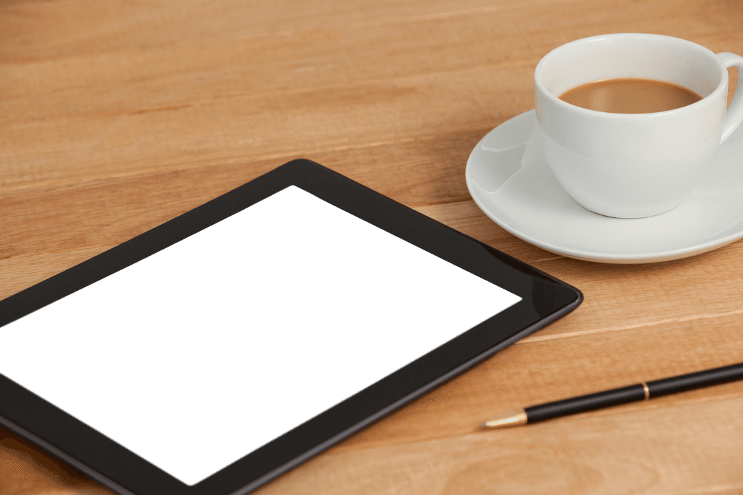 Transparent Tablet with Pen and Cup of Tea on Wooden Surface