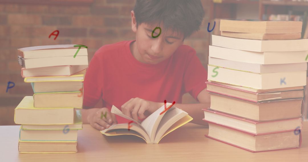 Young Boy Enthusiastically Reading in Library Surrounded by Books and Letters