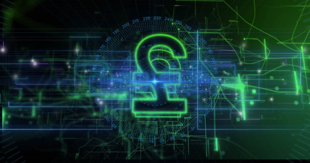 Neon Green Pound Symbol in Futuristic Digital Grid Matrix