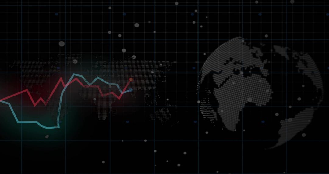 Displaying dotted global map and digital globe, neon financial line charts glowing red endpoint