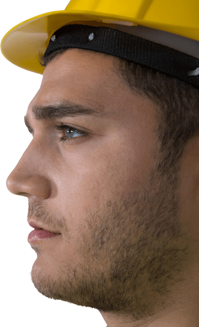 Thoughtful Male Engineer with Yellow Hard Hat on Transparent Background