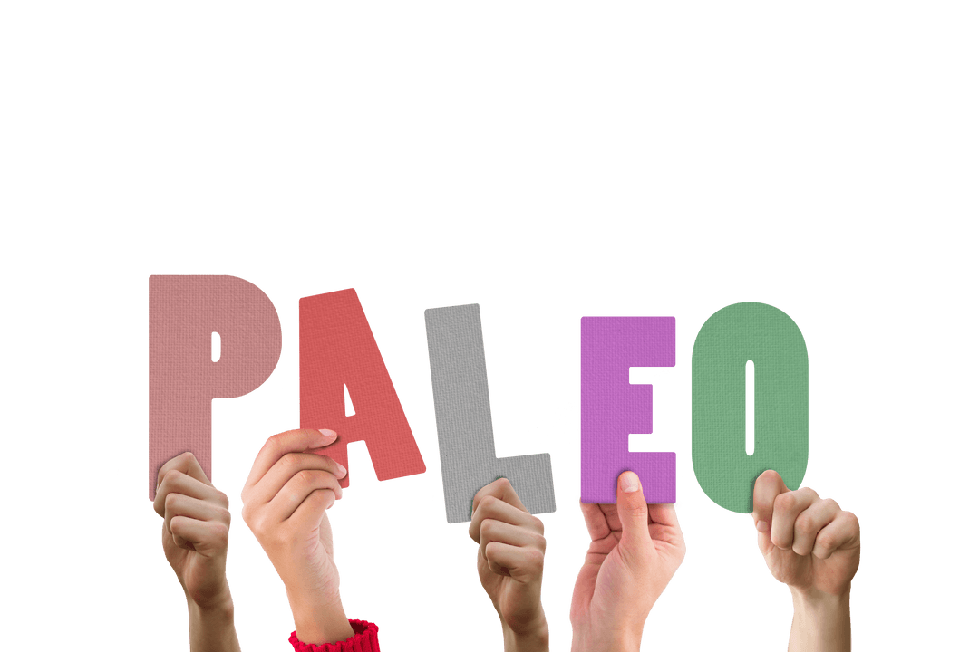 Hands Holding Paleo Text on Transparent Background for Diet Concept