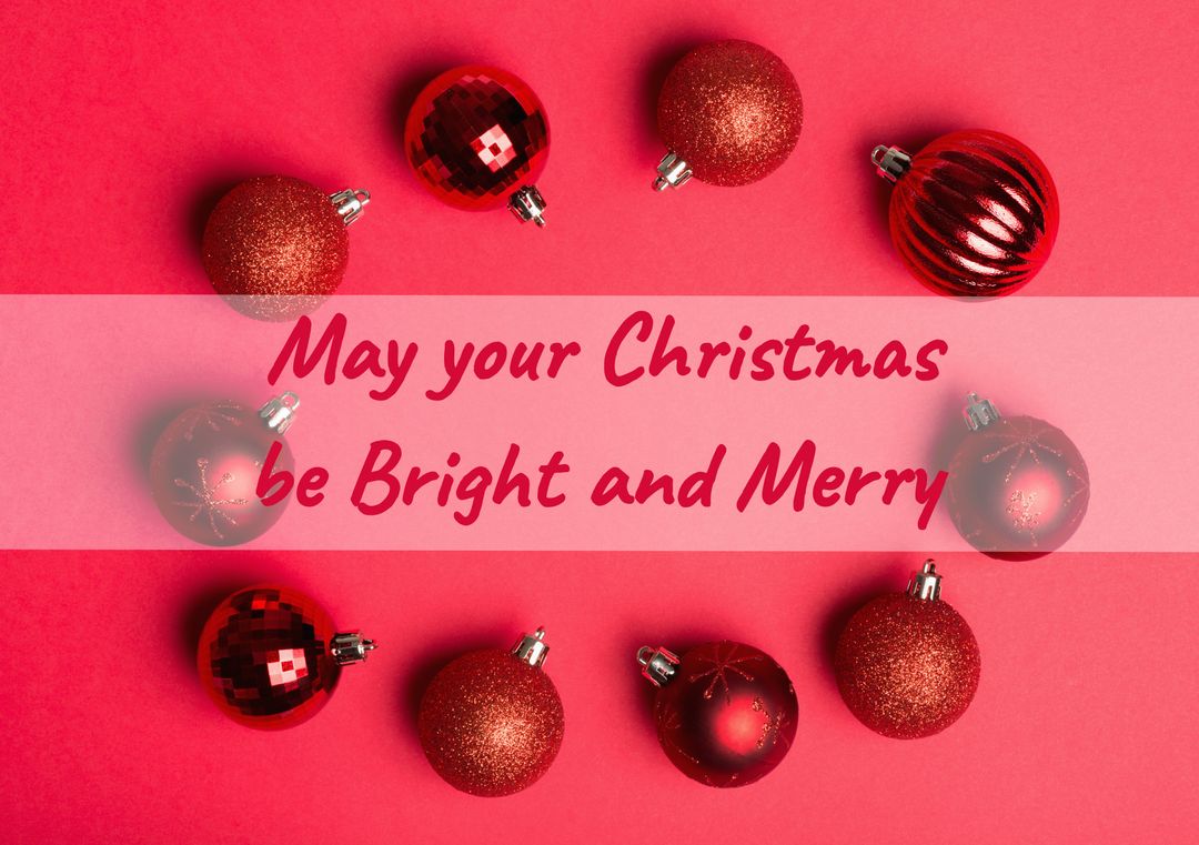 Merry Christmas Greeting with Red Baubles on Red Background - Download Free Stock Templates Pikwizard.com