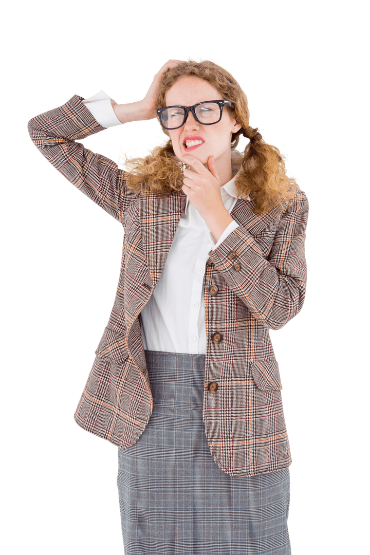 Transparent Geeky Hipster Woman in Thoughtful Pose