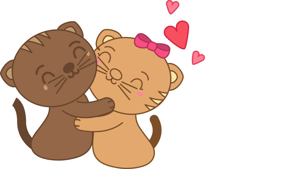 Cute Cartoon Cats Hugging with Heartfelt Text on Transparent Background