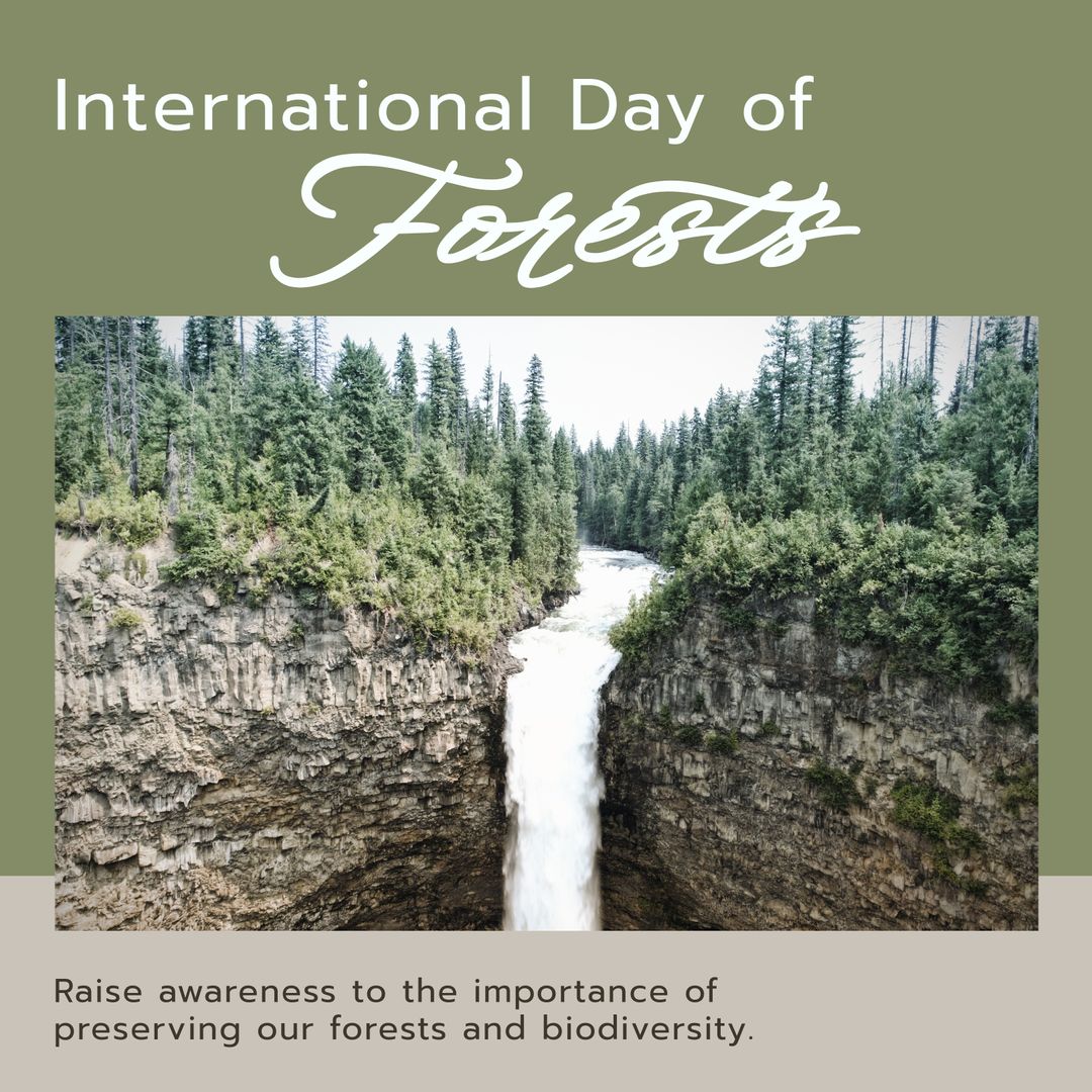 International Day of Forests Poster with Beautiful Waterfall and Forest Landscape - Download Free Stock Templates Pikwizard.com