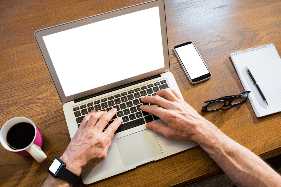 Transparent Business Workspace Featuring Laptop and Coffee
