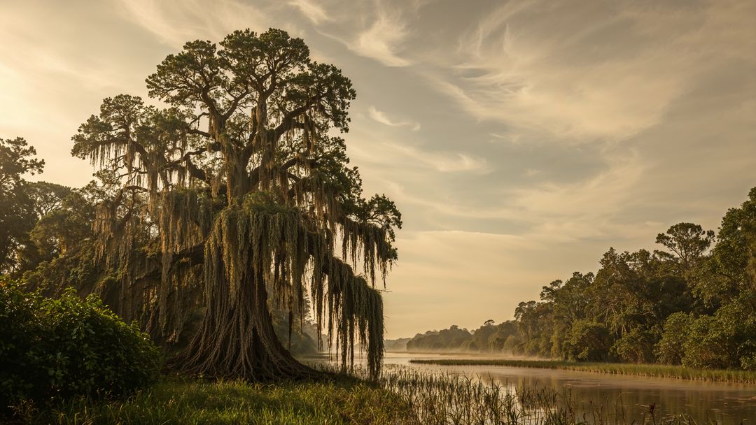 Moss-Draped Tree Reflecting Tranquility in Serene Wetland