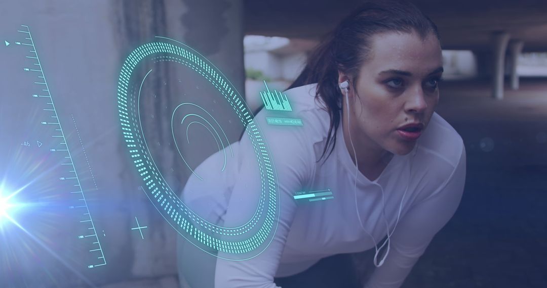 Caucasian Woman Exercising with Digital Data Interface