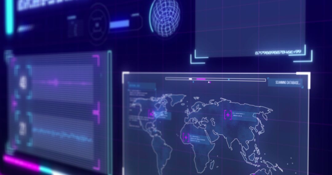 Futuristic Digital Interface with Data and World Map Overlay
