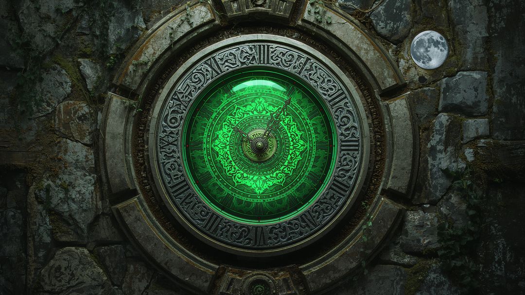 Antique Steampunk Mechanism in Mossy Wall with Moon Disc
