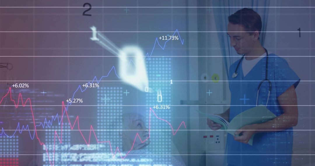 Doctor reading patient chart at bedside with healthcare data overlay and rising graphs