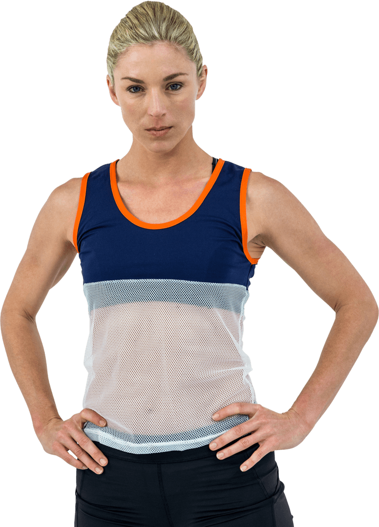 Confident Female Athlete with Transparent Net Tank Top