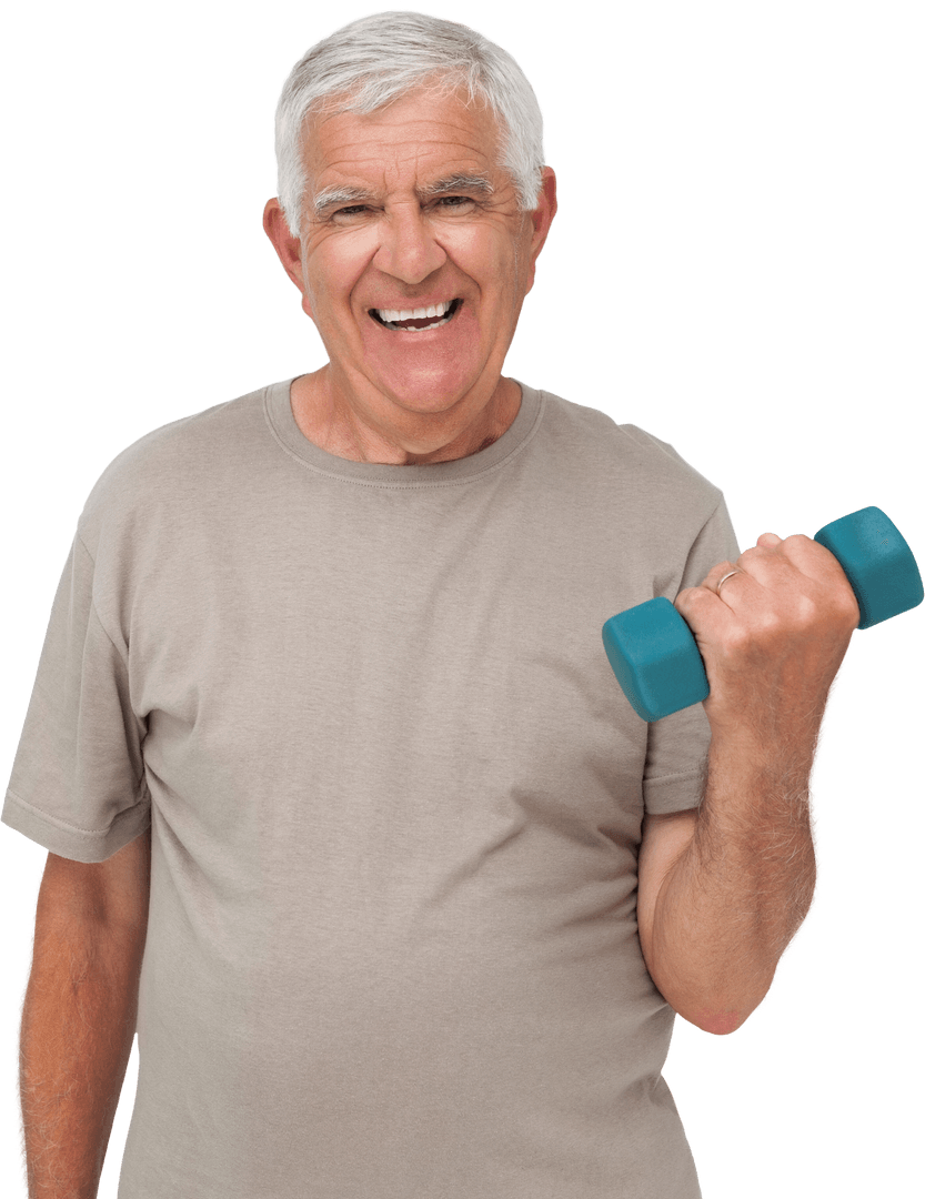 Happy Senior Man Exercising With Dumbbell, Transparent Background