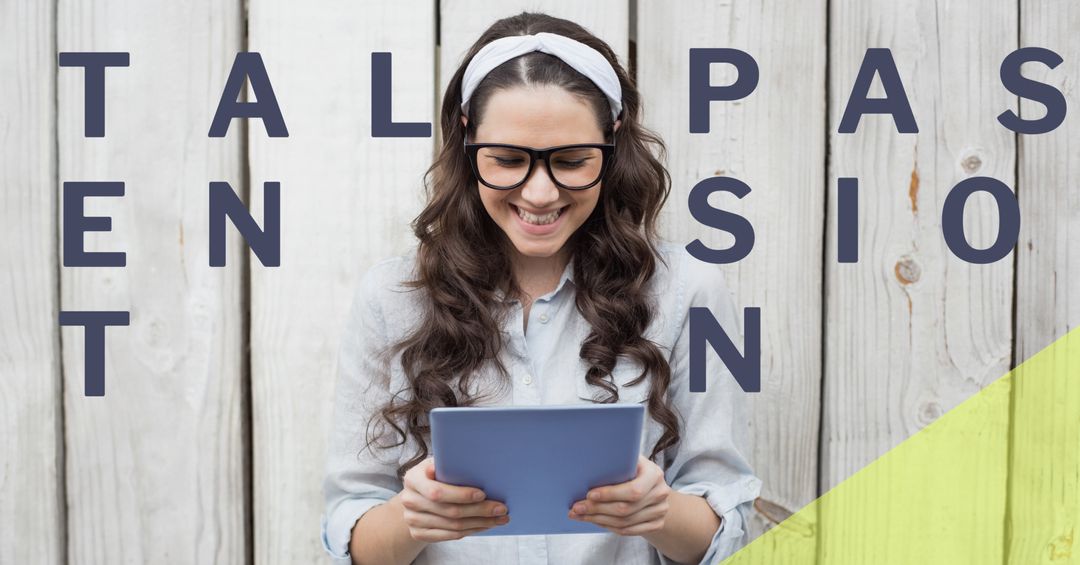 Woman Enthralled with Tablet Hardware Technologically Immersed Smiling