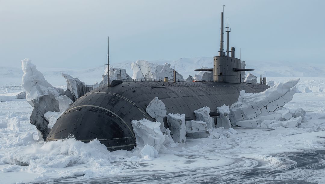 Surfacing military submarine breaking through polar pack ice under overcast Arctic sky
