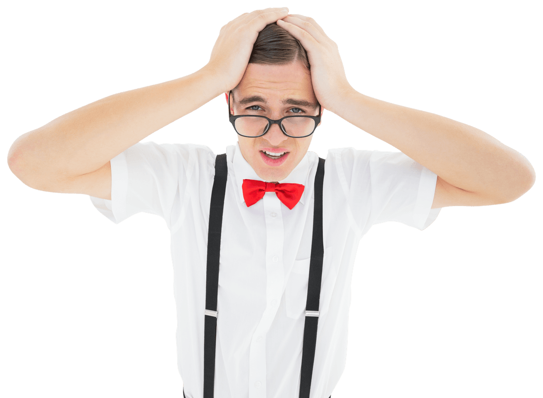 Transparent Geeky Hipster in Red Bow Tie Looking Stressed