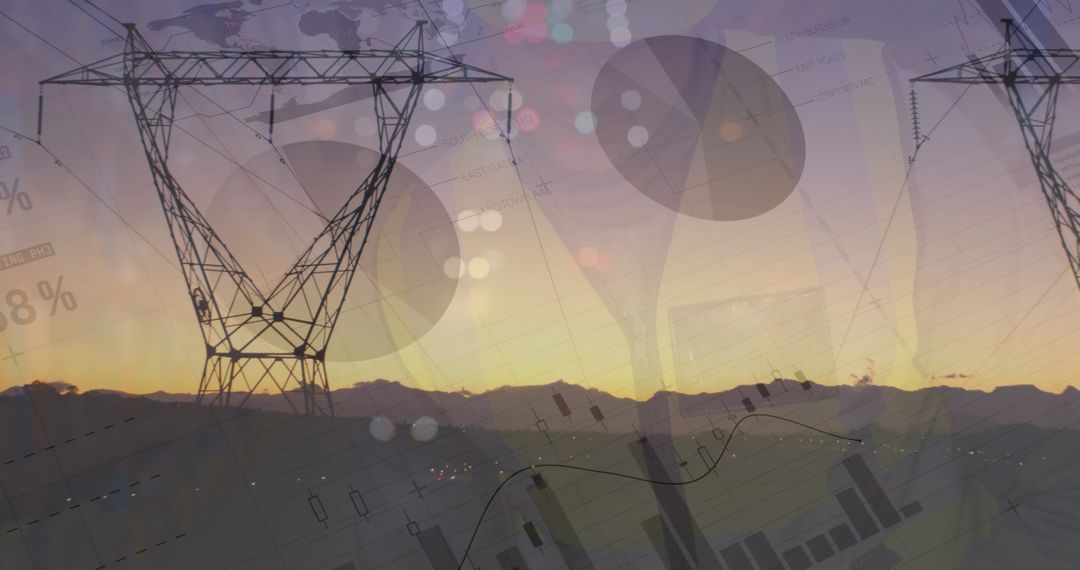 Financial Data Abstract Over Power Lines at Sunset
