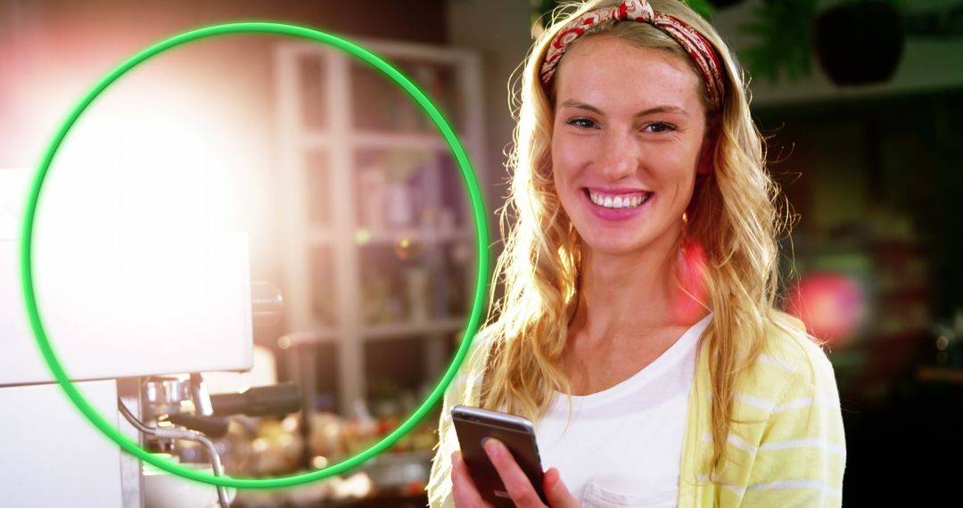 Happy Barista With Smartphone by Espresso Machine in Modern Cafe