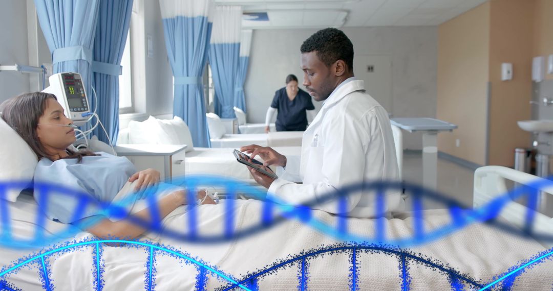 Diverse Doctor Analyzing Patient Data with DNA Interface