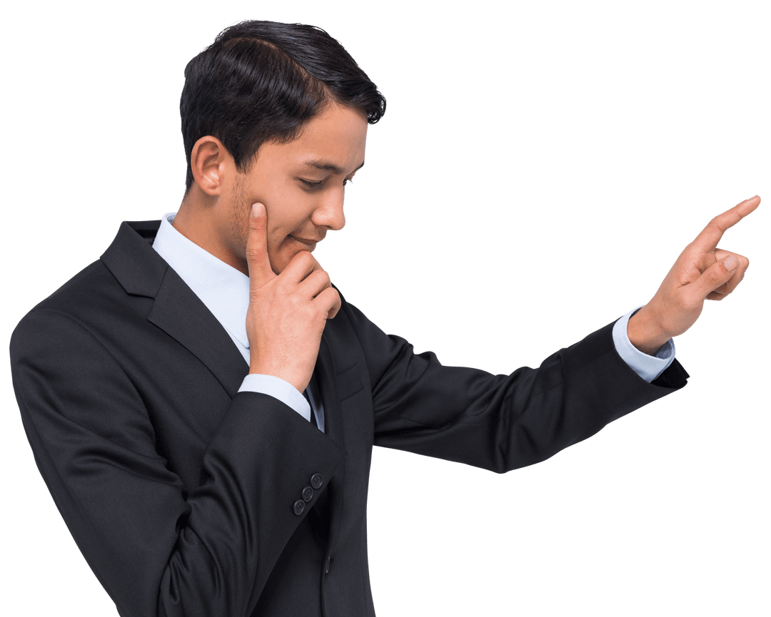 Thinking Biracial Businessman Pointing Forward Transparent PNG