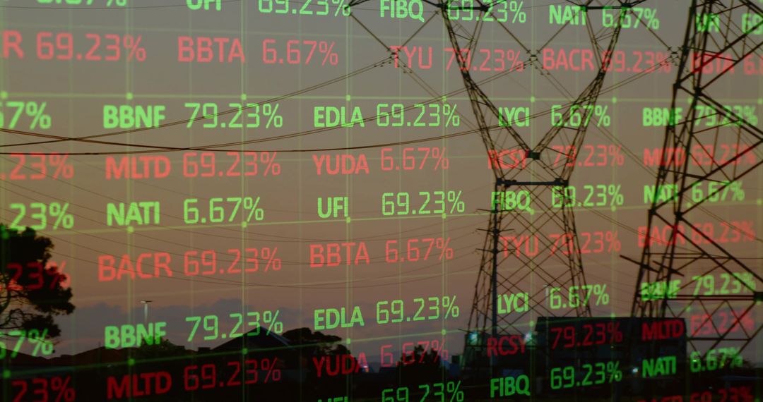 Silhouette of Power Lines with Streaming Market Data Display