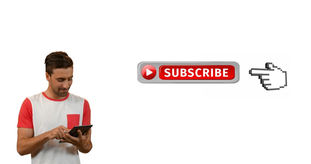 Man Engaging with Tablet Next to Subscribe Button Highlighting Digital Interaction
