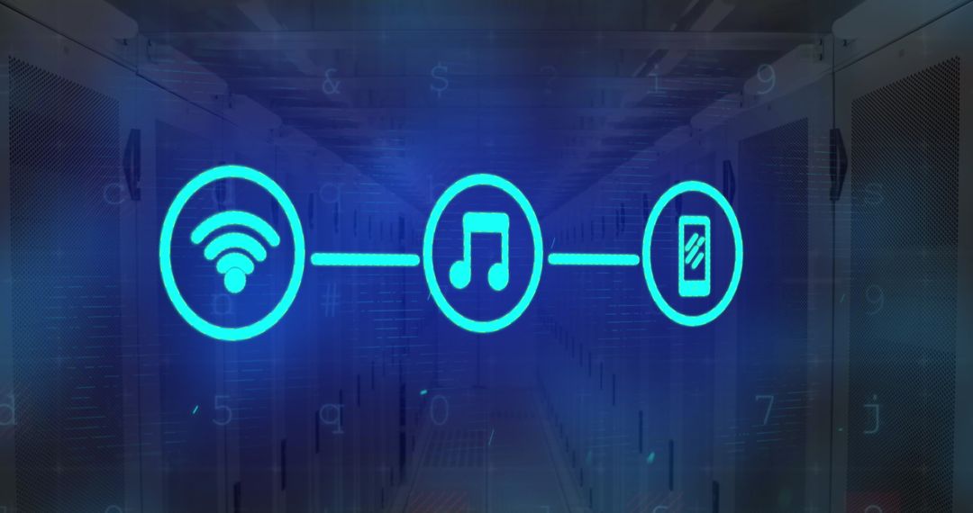 Digital Network Icons Overlay in Server Room