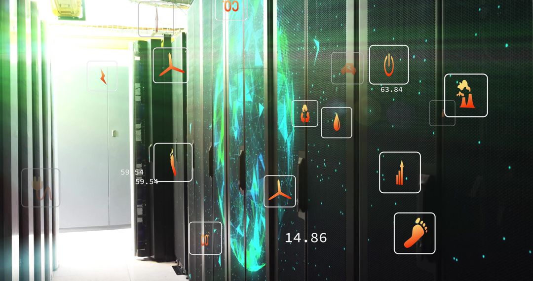 Ecology Icons Overlaid on Modern Server Room