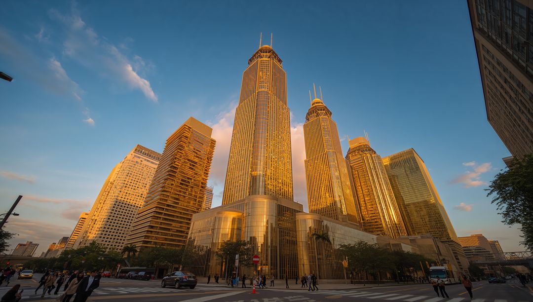 Golden glass skyscrapers at city intersection with business commuters walking in suits