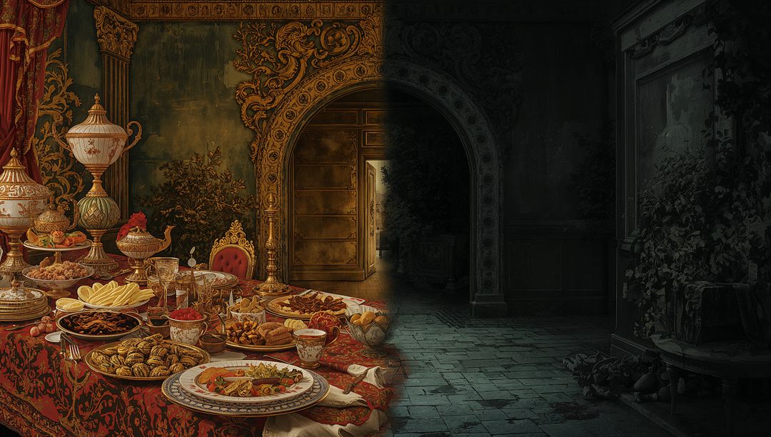 Opulent Banquet Table and Shadowed Manor Corridor Split Composition Evoking Decadence