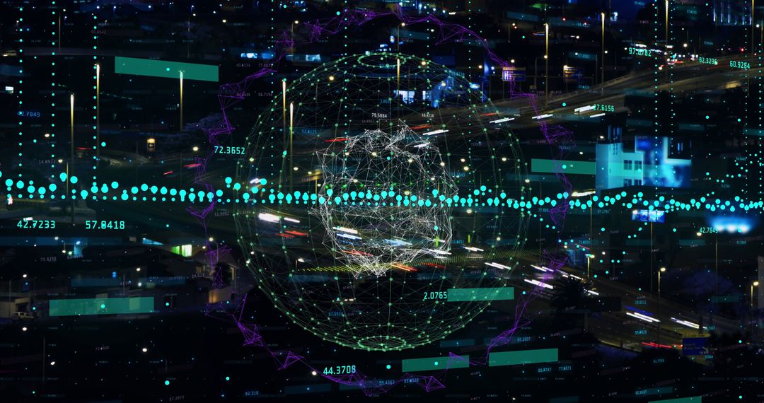 Digital Technology Concepts with Globe Overlay on Cityscape Background