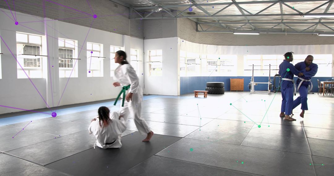 Jiu-jitsu grappling training featuring partners drilling throws and submissions in dojo