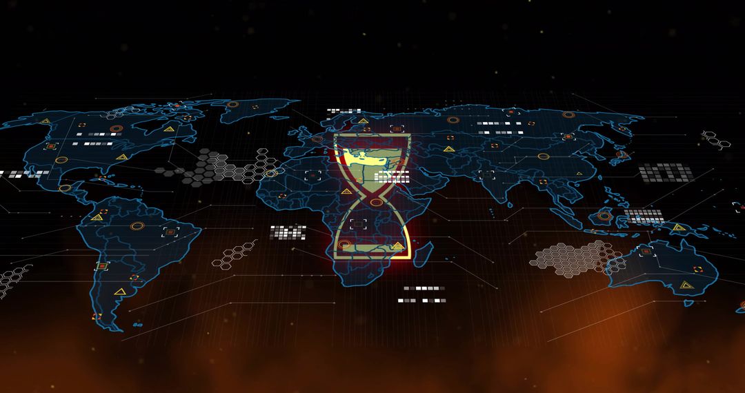 Digital Hourglass on World Map Indicates Global Data Processing